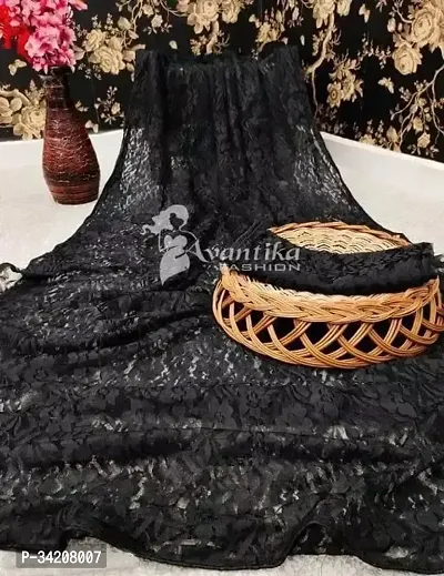 Stylish Black Net Saree With Blouse Piece For Women-thumb0