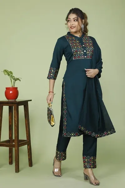 Classic Rayon Embroidered Kurta, Bottom and Dupatta Set for Women with Purse