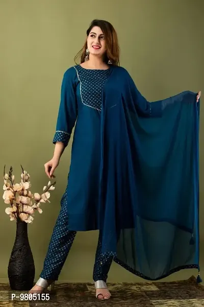 Classic Rayon Embroidered Kurta, Bottom and Dupatta Set for Women