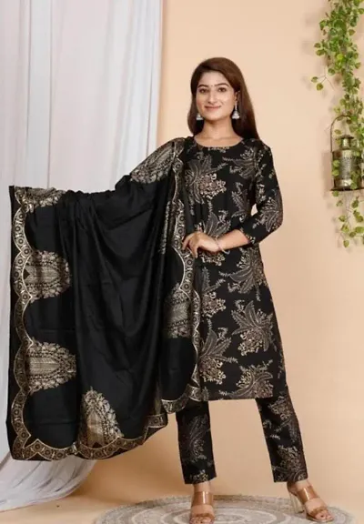 Stylish Rayon Self Pattern Kurta Bottom Dupatta Set