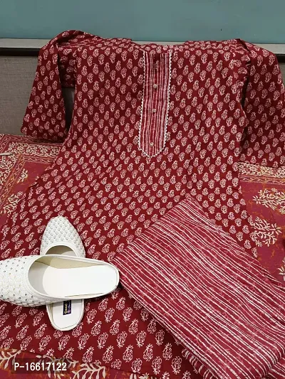 Red coloured cotton printed kurta Pant and juti set