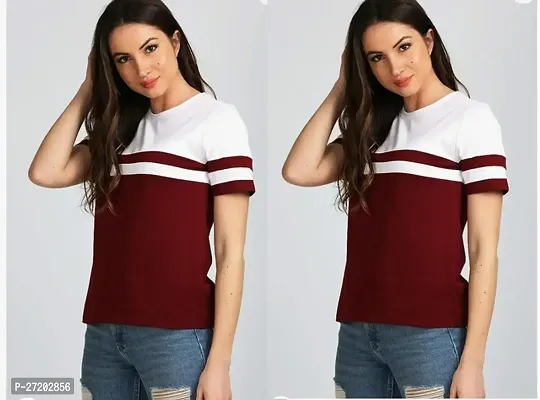 Elegant Maroon Cotton Colourblocked Tshirt For Women, Pack Of 2-thumb0