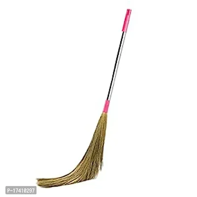 Garnate Broom Phool Jhadu With Natural Mizoram Long Grass 21 Cm Metal Handle Stick For Easy Dust Removal, Strain Reduction And Floor Cleaning 1Pc, Random Color