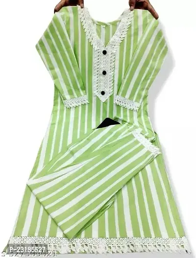 Trendy Green Striped Cotton Kurta Bottom Set For Women-thumb0