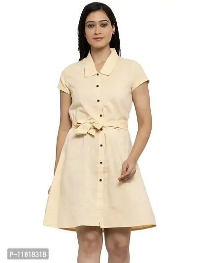 Enchanted Drapes Cream Solid Shirt Collar A-Line Cotton Women's Dress