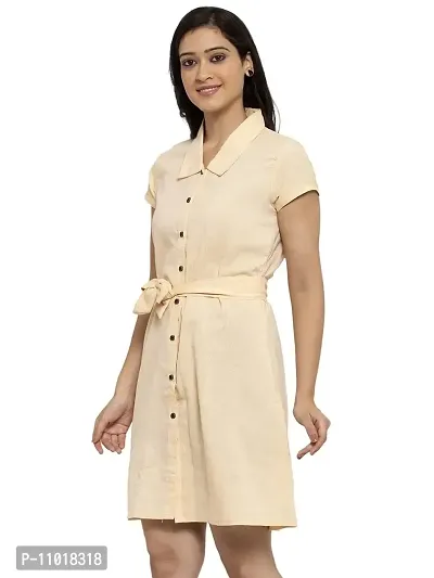 Enchanted Drapes Cream Solid Shirt Collar A-Line Cotton Women's Dress-thumb2