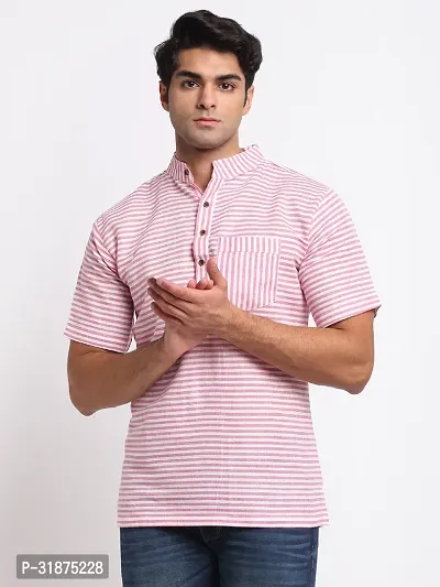 Pink Striped Mens Short Kurta