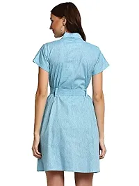 Enchanted Drapes Blue Solid Shirt Collar Women's Cotton Dress-thumb2