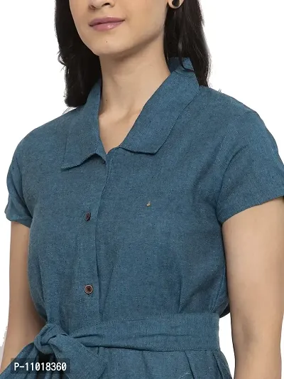 Enchanted Drapes Blue Solid Shirt Collar A-Line Cotton Women's Dress-thumb4