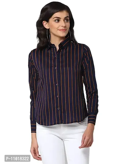 Enchanted Drapes Navy Blue Orange Multicolor Stripes Crepe Women's Shirt (XS to 7XL)-thumb0