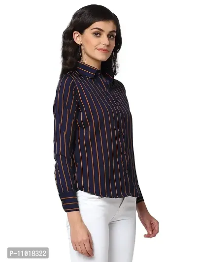 Enchanted Drapes Navy Blue Orange Multicolor Stripes Crepe Women's Shirt (XS to 7XL)-thumb2