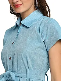 Enchanted Drapes Blue Solid Shirt Collar Women's Cotton Dress-thumb3