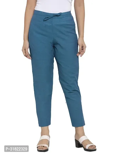 Turquoise Solid Womens Cotton Pants-thumb2