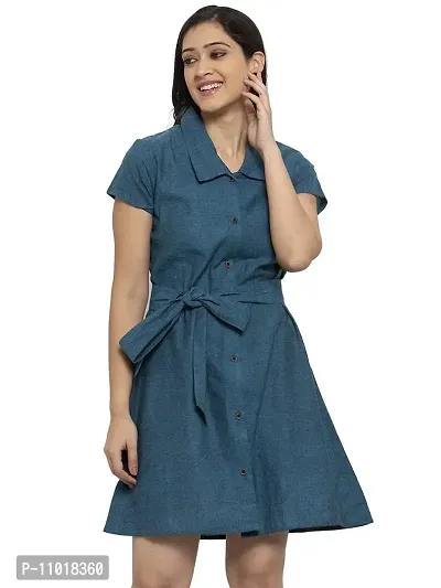 Enchanted Drapes Blue Solid Shirt Collar A-Line Cotton Women's Dress