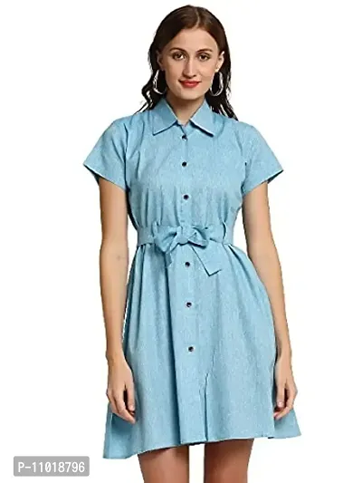 Enchanted Drapes Blue Solid Shirt Collar Women's Cotton Dress-thumb0