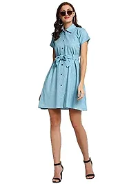 Enchanted Drapes Blue Solid Shirt Collar Women's Cotton Dress-thumb4