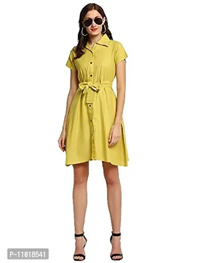 Enchanted Drapes Lemon Solid Shirt Collar A-Line Cotton Dress-thumb5