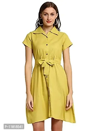 Enchanted Drapes Lemon Solid Shirt Collar A-Line Cotton Dress