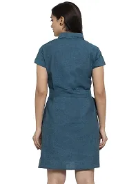 Enchanted Drapes Blue Solid Shirt Collar A-Line Cotton Women's Dress-thumb2