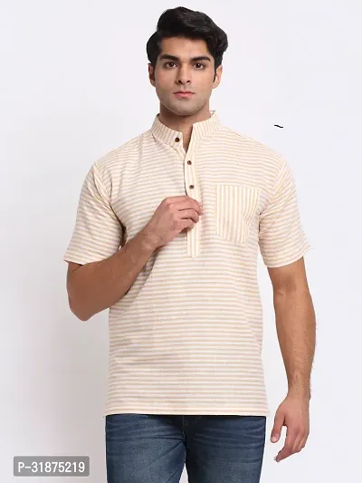 Yellow Striped Mens Short Kurta