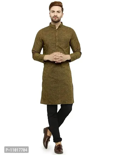 Enchanted Drapes Mens' Solid Cotton Mehandi Long Kurta [Size : L]