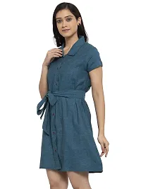 Enchanted Drapes Blue Solid Shirt Collar A-Line Cotton Women's Dress-thumb1