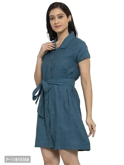 Enchanted Drapes Blue Solid Shirt Collar A-Line Cotton Women's Dress-thumb2