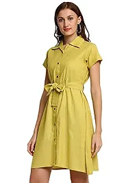 Enchanted Drapes Lemon Solid Shirt Collar A-Line Cotton Dress-thumb1