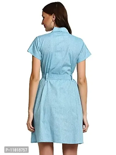 Enchanted Drapes Blue Solid Shirt Collar Women's Cotton Dress-thumb3