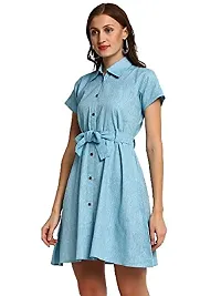 Enchanted Drapes Blue Solid Shirt Collar Women's Cotton Dress-thumb1