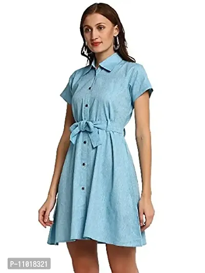 Enchanted Drapes Blue Solid Shirt Collar Women's Cotton Dress-thumb2