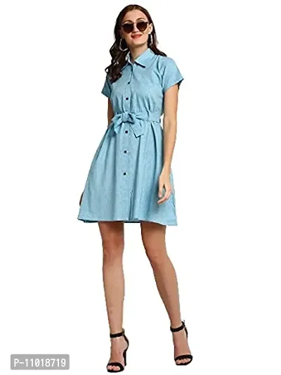 Enchanted Drapes Blue Solid Shirt Collar Women's Cotton Dress-thumb5