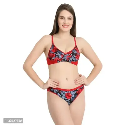 Stylish Red Printed Bra  Panty Set For Women Pack of 1-thumb0