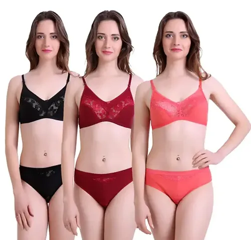 Stylish Self Pattern Bra Panty Set For Women Pack of 3