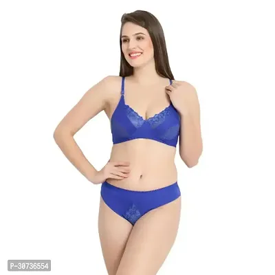 Stylish Blue Self Pattern Bra  Panty Set For Women Pack of 1