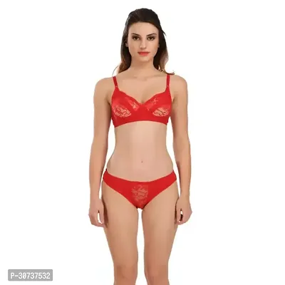 Stylish Red Self Pattern Bra  Panty Set For Women Pack of 1-thumb0