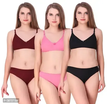 Stylish Multicoloured Solid Bra  Panty Set For Women Pack of 3