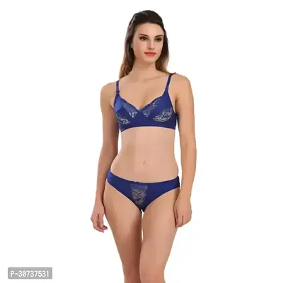 Stylish Blue Self Pattern Bra  Panty Set For Women Pack of 1-thumb0