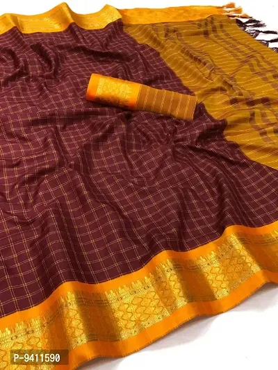 Chettinad checked zari border cotton silk saree with contrast blouse matching and tussles-thumb0