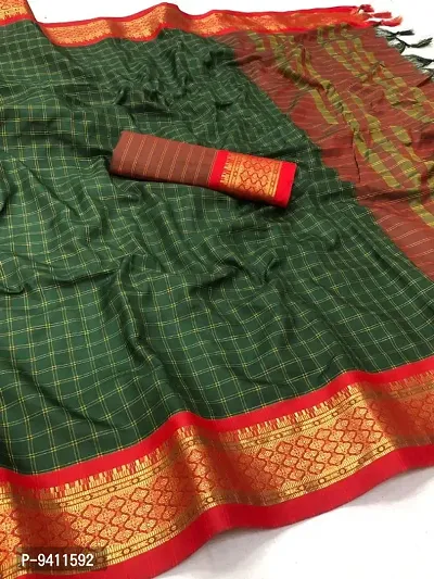 Chettinad checked zari border cotton silk saree with contrast blouse matching and tussles-thumb0