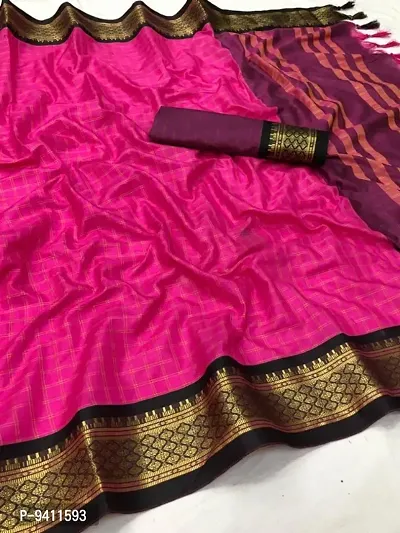 Chettinad checked zari border cotton silk saree with contrast blouse matching and tussles