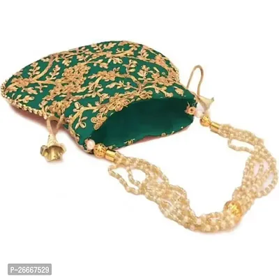 Indian Embroidered Green Potli Bag with Pearls Handle Purse Party Wear Ethnic Clutch for Women