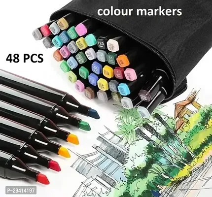 48 Pcs Dual Tip Art, Painting, Drawing, Sketch Marker Pen Set, Non-Toxic Art Supplies for Kids  Adults, Illustration in Coloring Books Pen with Carry Case Set Colour Broad Drawing Sketching-thumb0