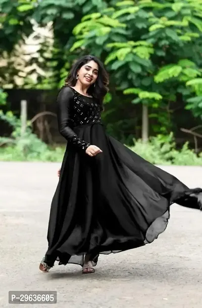 Elegant Black Embroidered Georgette Kurta For Women-thumb0