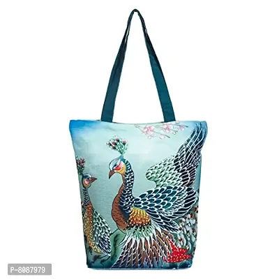 Tikuli Polyester Durable Canvas Large Size Printed Tote Bag for Women with ZIP (Blue Multi - 2)