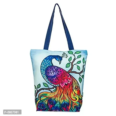 Tikuli Polyester Durable Canvas Large Size Printed Tote Bag for Women with ZIP (Navy Blue Multi)