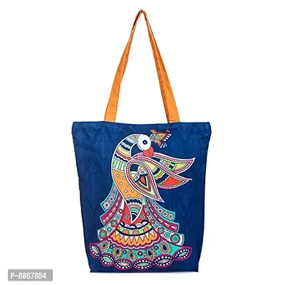 Tikuli Polyester Durable Canvas Large Size Printed Tote Bag for Women with ZIP (Navy Blue Orange)