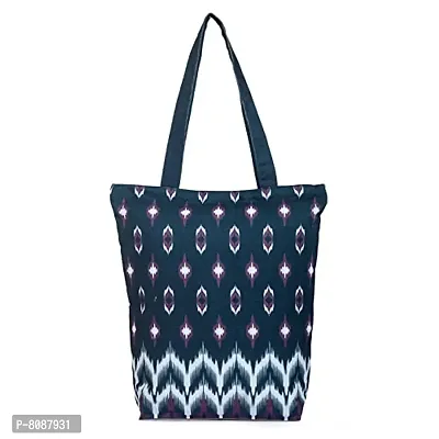 Tikuli Polyester Durable Canvas Large Size Printed Tote Bag for Women with ZIP (Navy Blue -1)