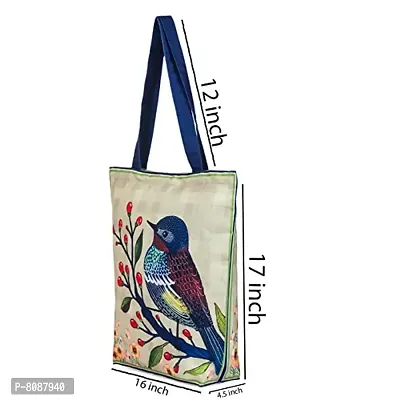 Tikuli Polyester Durable Canvas Large Size Printed Tote Bag for Women with ZIP (Beige Blue)-thumb2