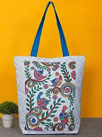 Tikuli Polyester Durable Canvas Large Size Printed Tote Bag for Women with ZIP (Blue Multi)-thumb3